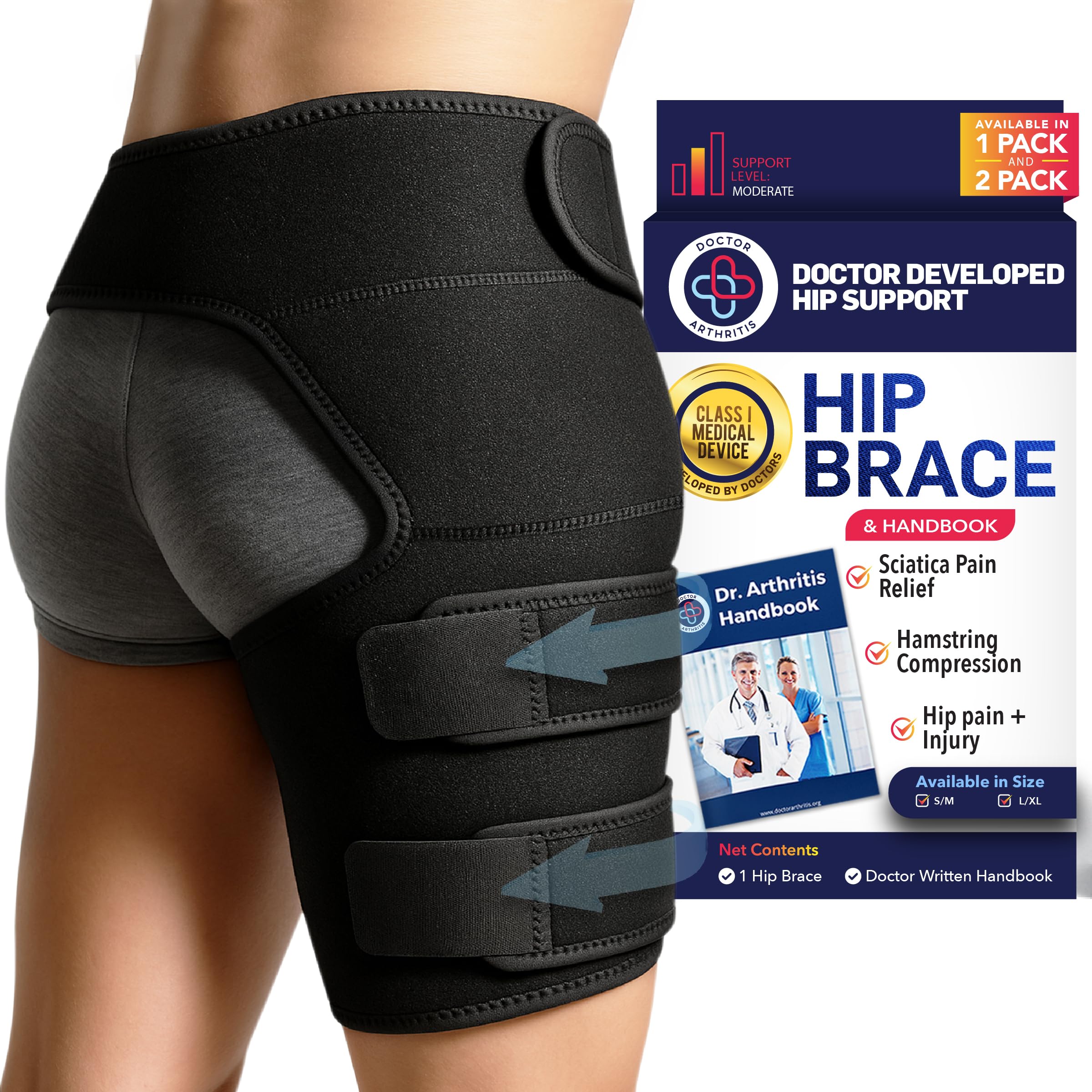 Dr.Arthritis Doctor Developed Hip Support Brace & Doctor Handbook- Piriformis Syndrome, Sciatica Pain Relief Products - Hamstring Support - Hip Support for Women & Men (S/M, Black Right)