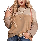 ForHailey Womens Fashion 2024 Color Block Long Sleeve Crewneck Knitted Casual Loose Pullover Shirts Tops XL-5XL