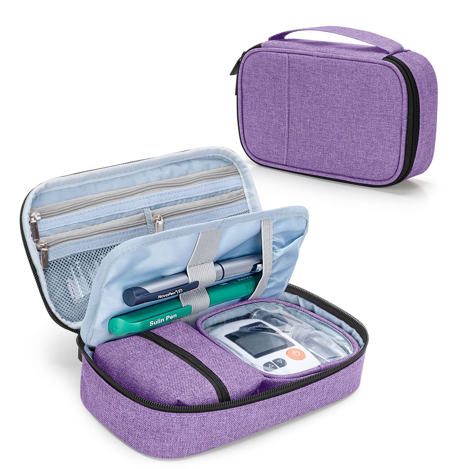 CURMIO Diabetes Bag for Glucose Meter, Medication, Insulin Pens and Other Diabetes Care Supplies, Travel Organizer Case with Detachable Pouches, Purple