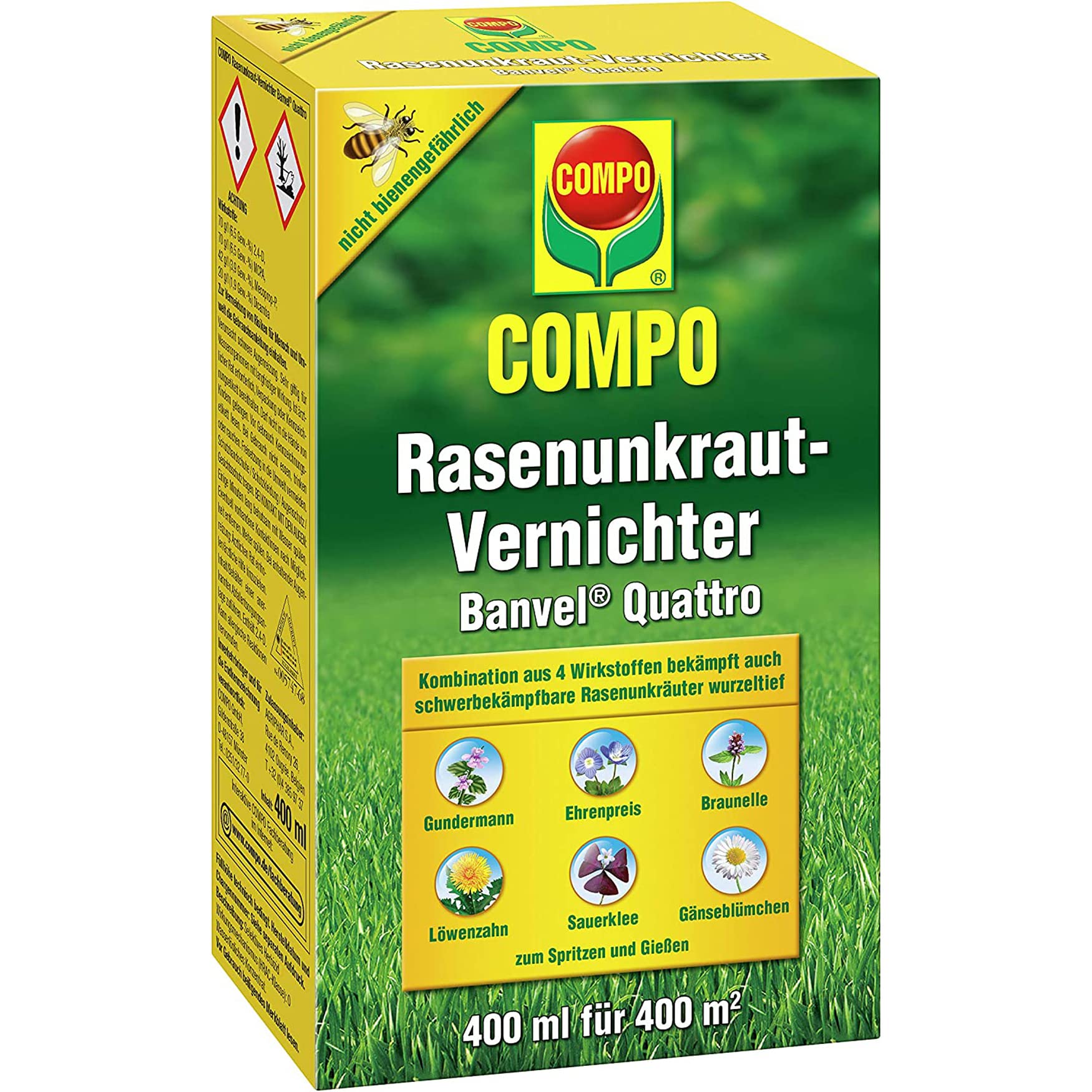 COMPO Rasenunkraut-Vernichter Banvel Quattro, Bekämpfung von schwerbekämpfbaren Unkräutern im Rasen, Konzentrat, 400 ml (400 m²)