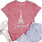 SUWATOIN Womens Paris Shirts Travel in France T-Shirt Eiffel Tower Bonjour Tee Tops