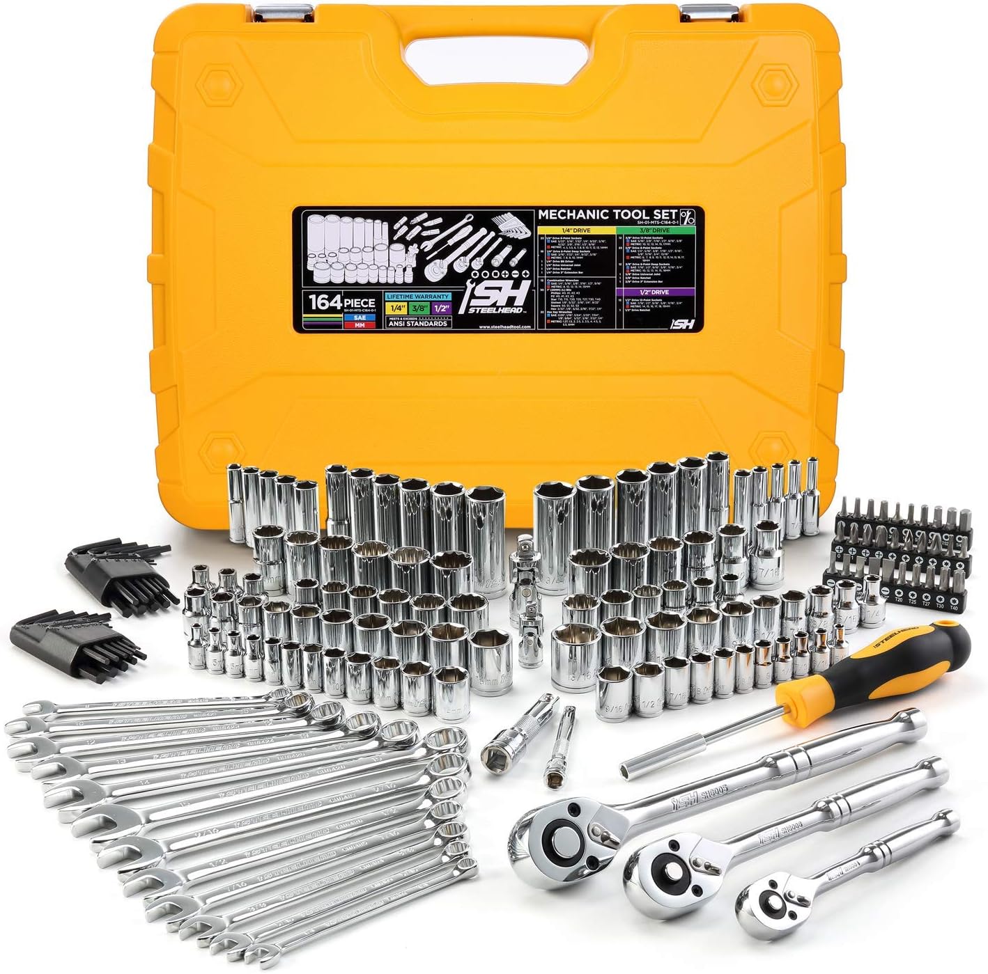 STEELHEAD 164-Piece Mechanics Tool & Socket Set (ANSI), SAE & MM, 1/4&rdquo;,3/8&rdquo;,1/2&rdquo; 72-Tooth Ratchet, 6 & 12 Point Sockets, Combination & Hex Wrenches, 30 Screwdriver Bits, Universal Joint, Extensions