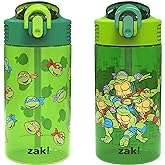 Zak Designs Teenage Mutant Ninja Turtles Kids Water Bottle For School or Travel, 16oz 2-Pack Durable Plastic Water Bottle With Straw, Handle, and Leak-Proof, Pop-Up Spout Cover (TMNT)