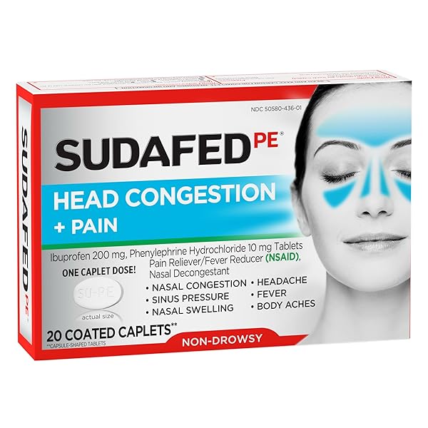 SUDAFED PE NON-DROWSY HEAD CONGESTION + PAIN RELIEF CAPLETS WITH IBUPROFEN 200 MG & PHENYLEPHRINE HCL 10 MG, NASAL DECONGESTANT & NSAID PAIN RELIEVER & FEVER REDUCER, 20 CT