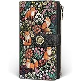 GIANCOMICS Cute Fox Womens Wallet RFID Blocking, Flower Credit Card Holder Bifold, PU Leather Travel Billfold, Long Cash Purse, Zipper Coin Pocket Clutch, 1 ID Window, 11 Card Slot, Ladies Gift Woman