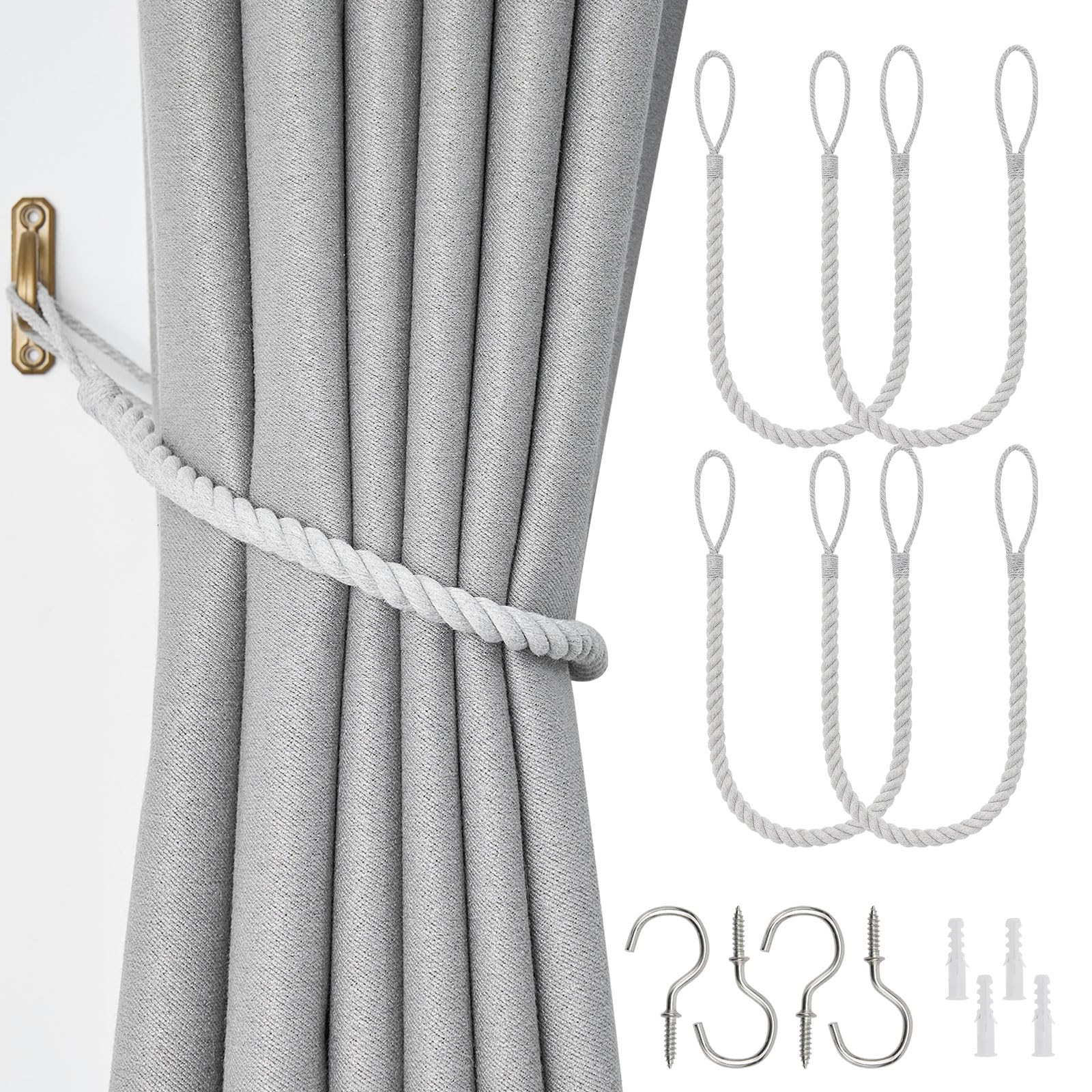 Pretty Jolly 4 Pack Natural Cotton Rope Curtain Tiebacks Boho Rustic Style Decorative Drape Tie Backs Hand-Woven Rope Curtain Holdbacks with Metal Hook for Home & Office Drapery (Cotton-Light Grey)