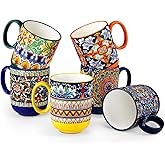 vancasso Boho Coffee Mugs Set of 6, 14 oz Ceramic Mugs with Handle, Colorful Porcelain Cups Microwave Dishwasher Safe, for Latte Tea Cappuccino Cocoa Hot Chocolate