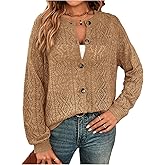 GORGLITTER Women's Crochet Cardigan Cozy Long Sleeve Button Up Lightweight Crew Neck Knit Sweaters Going Out Outfits