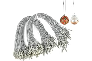 Kucoele 200pcs Christmas Ornaments Hangers Strings with Snaps, Silver Precut Locking Ropes Christmas Tree Hooks Hang Tag Fasteners for Decorations
