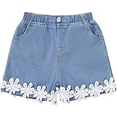 Hilinker Girls Jean Shorts Floral Lace Hem Elastic Waist Cute Summer Denim Shorts with Pockets
