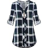 MOQIVGI Womens Roll Tab Sleeve V Neck Plaid Shirts Trendy Casual Checkered Blouse Tops