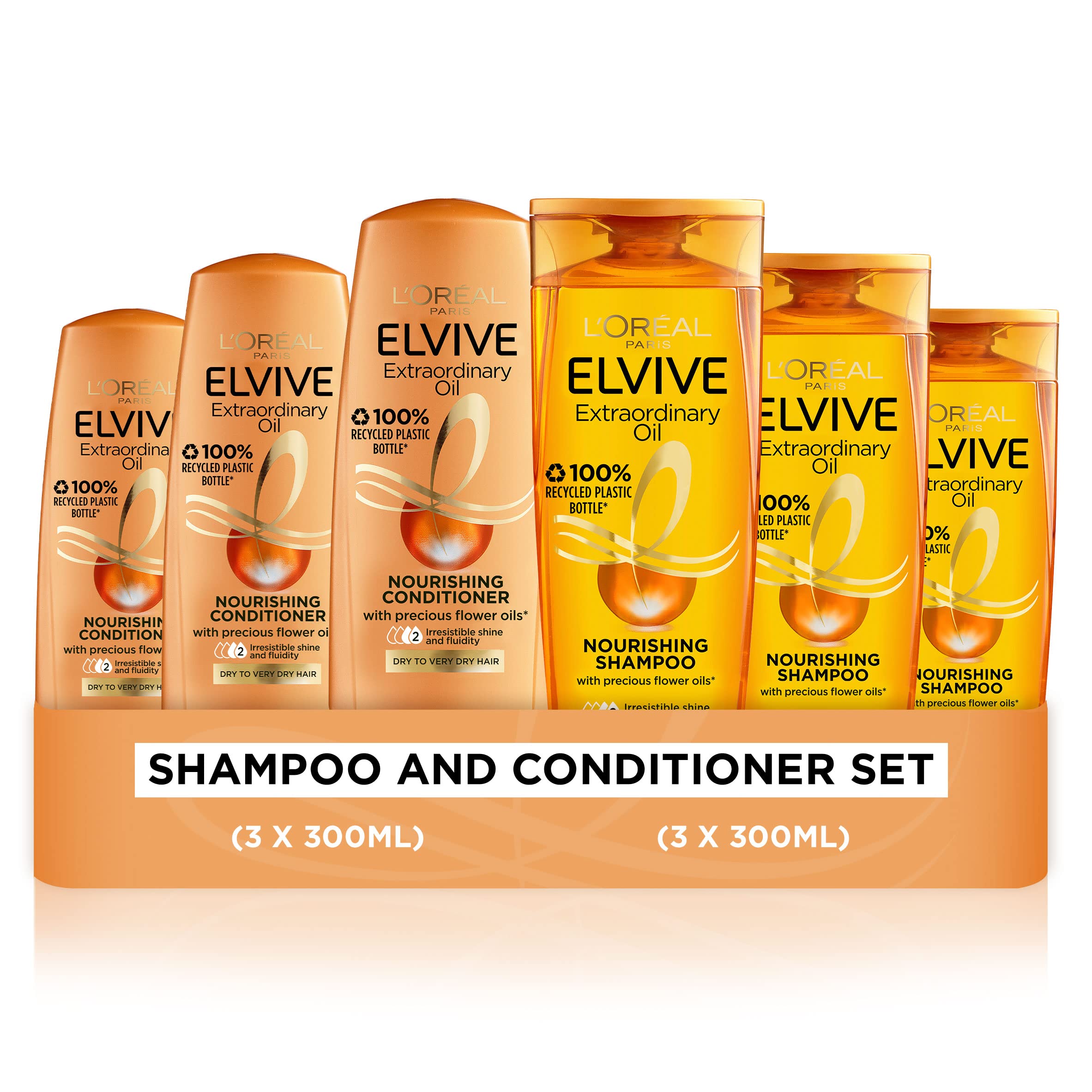 L'Oreal Shampoo and Conditioner Set by Elvive Extraordinary Oil for Dry Hair, 3 x 300ml Shampoo and 3 x 300ml Conditioner, UK's No1 haircare brand*