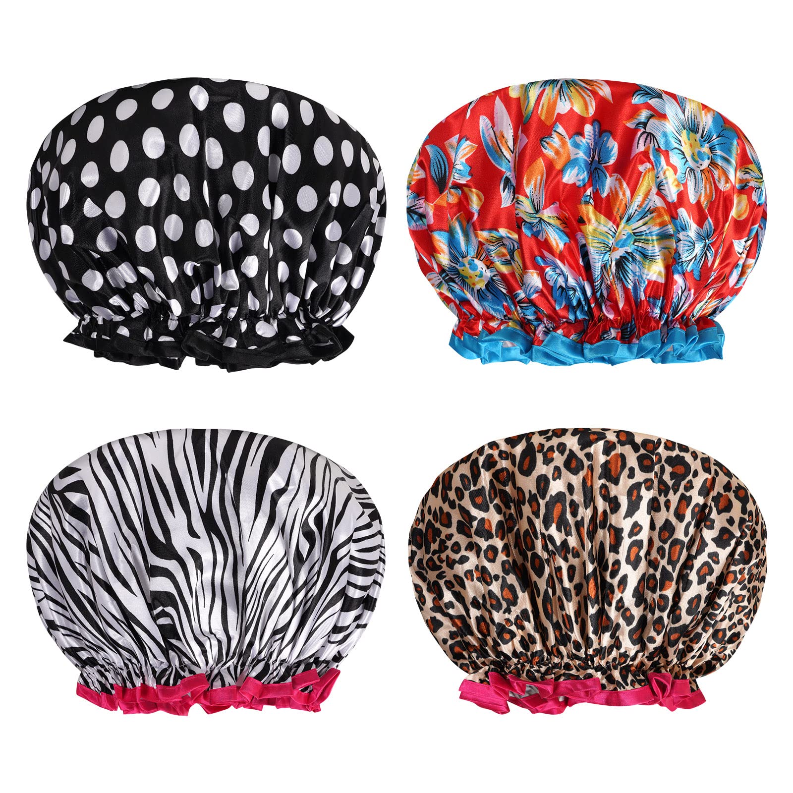 AOOWU Shower Caps, 4 Pack Waterproof Bath Caps Large Reusable Shower Hats, Elastic Band Double Layers Hair Bath Caps with Soft Ruffled Edge for Women Girls Ladies Spa Salon Home Use