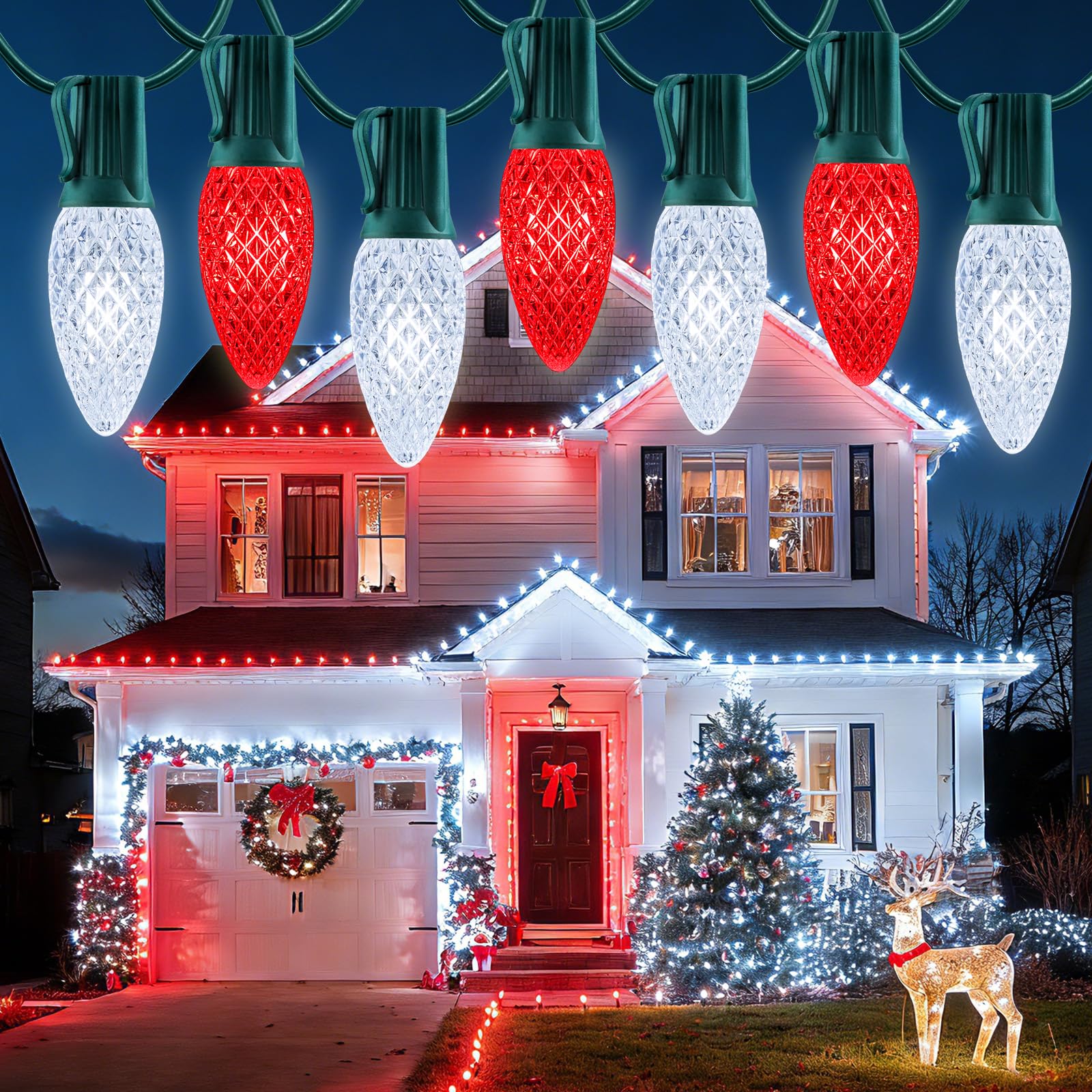 View 1 of 100 Feet Commercia Led Outdoor Christmas Lights, Waterproof C9 Christmas String Lights with 100 C9 Strawberry Bulbs Connectable UL Certified for Roofline Patio Holiday Party Backyard Xmas Decor
