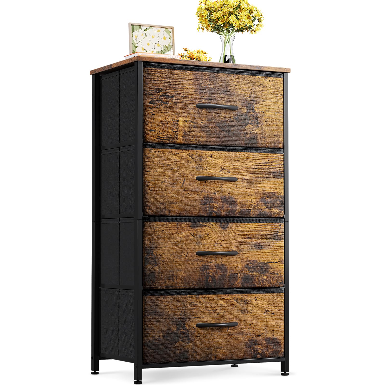 Photo 1 of ODK Dresser for Bedroom with 4 Storage Drawers, Small Dresser Chest of Fabric Drawers with Sturdy Steel Frame, Wood Top, Vintage