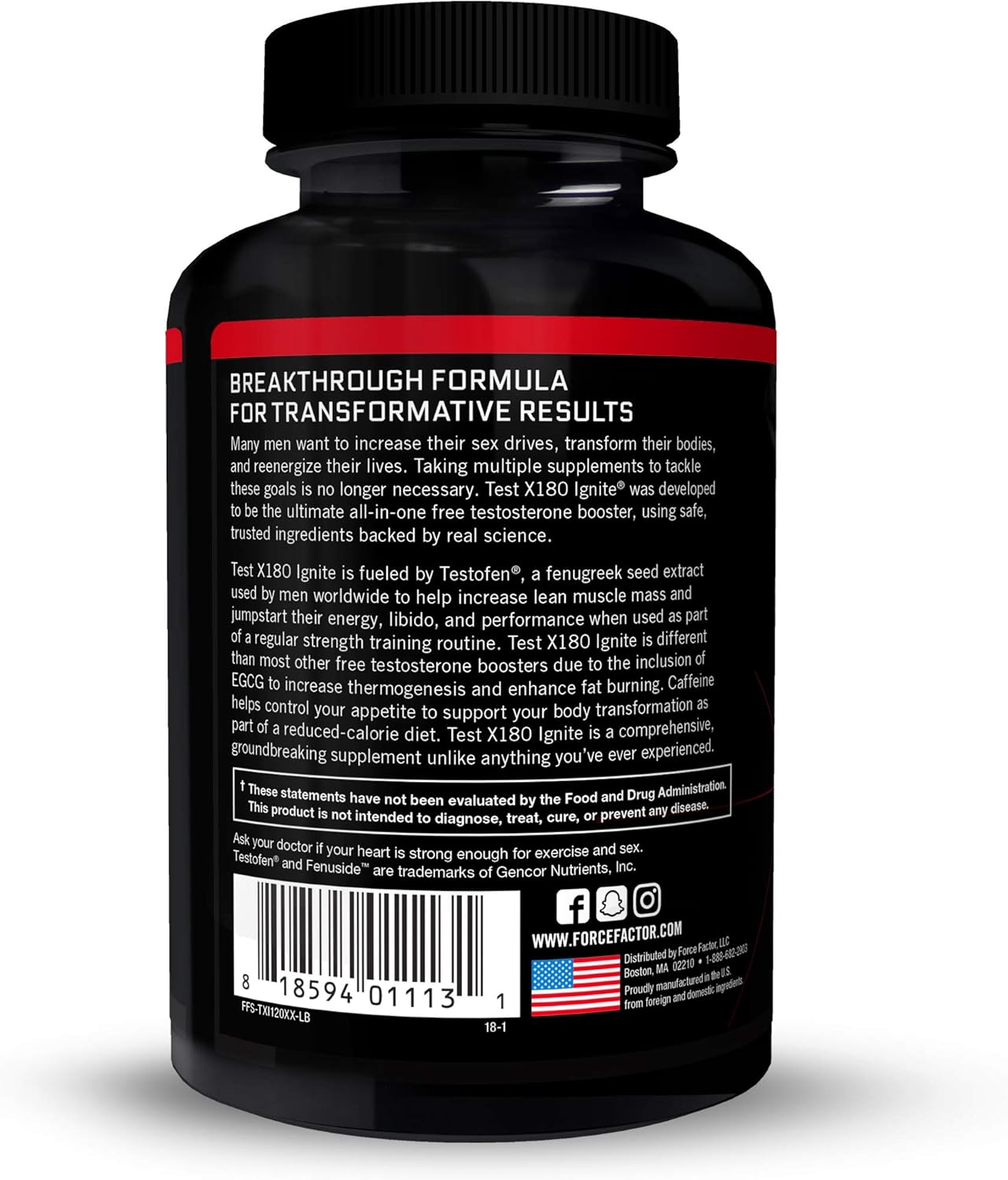 Test X180 Ignite Free Testosterone Booster to Increase Sex Drive & Libido, Burn Fat, Build Lean Muscle, & Improve Performance, Force Factor, 120 Count: Health & Personal Care