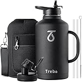 Trebo 64 oz Water Bottle Insulated with Handle, Half Gallon Stainless Steel Metal Large Water Jug, Travel Flask with Straw Spout Lid, Wide Mouth Mug with Carry Pouch, Keep Cold Hot, Black