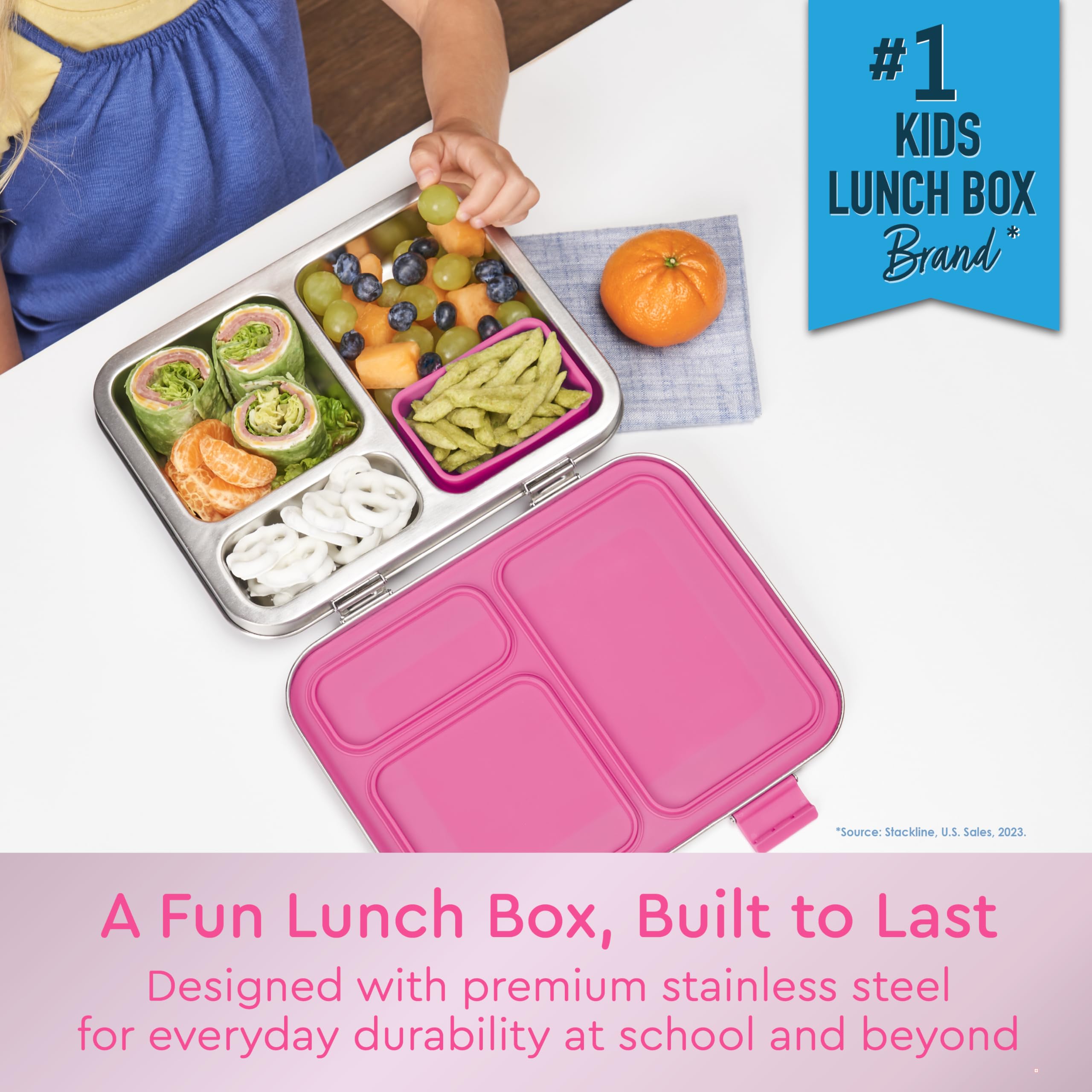 Bentgo Kids Stainless Steel Leak-Resistant Lunch Box - 3-Compartments with Bonus Silicone Container, Durable, Eco-Friendly, Dishwasher Safe, BPA-Free, Ideal for School, Ages 3+ (Fuchsia)
