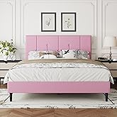 IOILORI Queen Size Bed Frame Platform with Velvet Upholstered Headboard, Sturdy Wooden Slats, No Spring Box, No Noise, Easy to Assemble, Light Grey Bedframe with Strong Wooden Slats, Pink