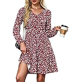 AUSELILY Womens Long Sleeve Dress 2025 Fall Casual V Neck Tiered Swing Flowy A-line Mini Short Dresses with Pockets Red Flower L