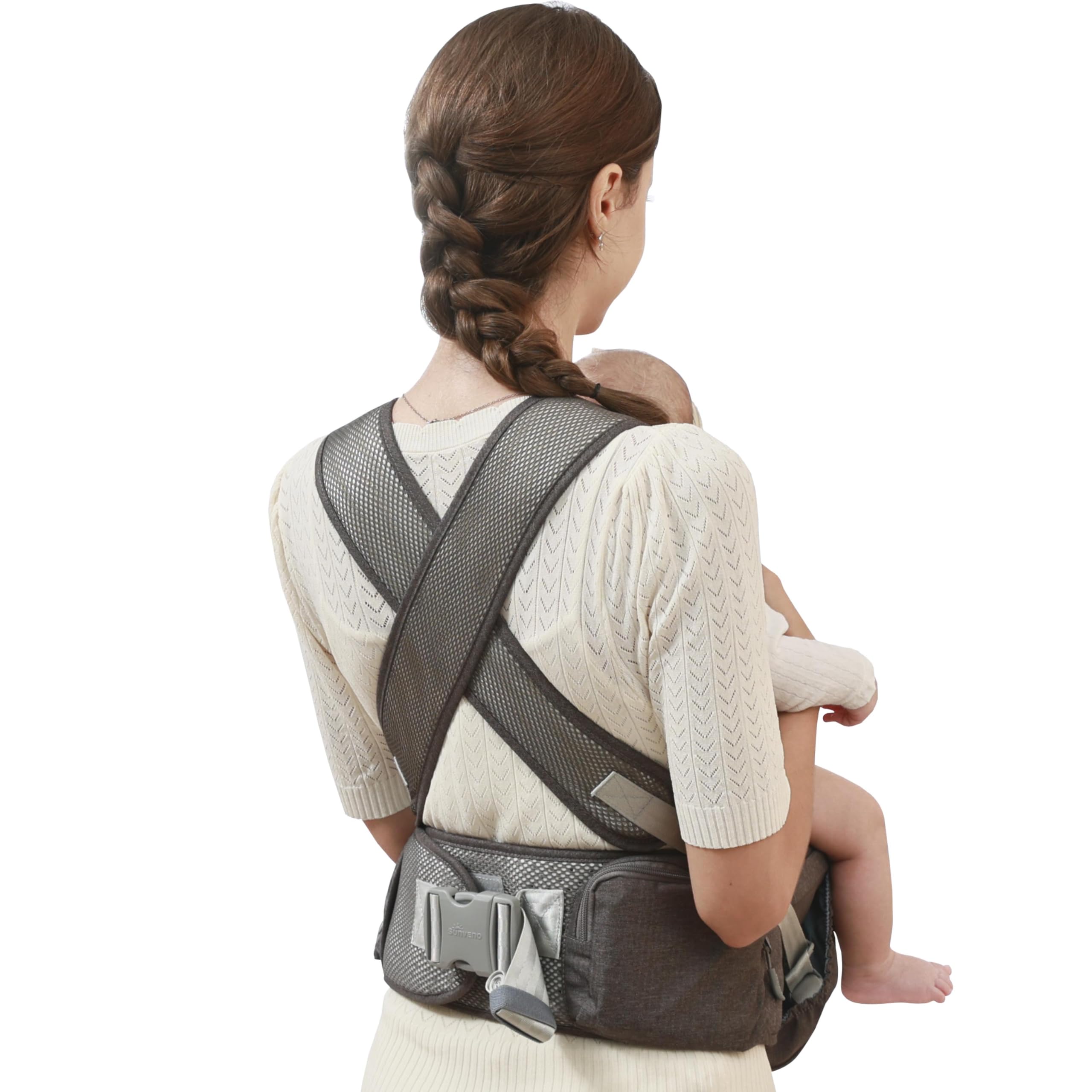 SUNVENO Ergonomic Hip Seat Baby Carrier with Detachable Double Shoulder Straps, Waist & Back Relief, Breathable Mesh, Non-Slip Seat + Storage Pockets, Fits Infants & Toddlers 0-36 M up to 45 lbs