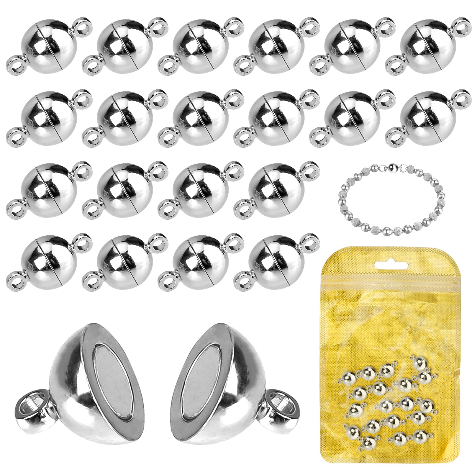 MOAMUN 20PCS Magnetic Necklace Clasps, 8MM Round Bracelet Clasps and Closures, Ball Magnetic Bracelet Clasp and Fasteners for Necklaces Bracelet Anklet Jewellery Making DIY Craft (Silver 8mm)