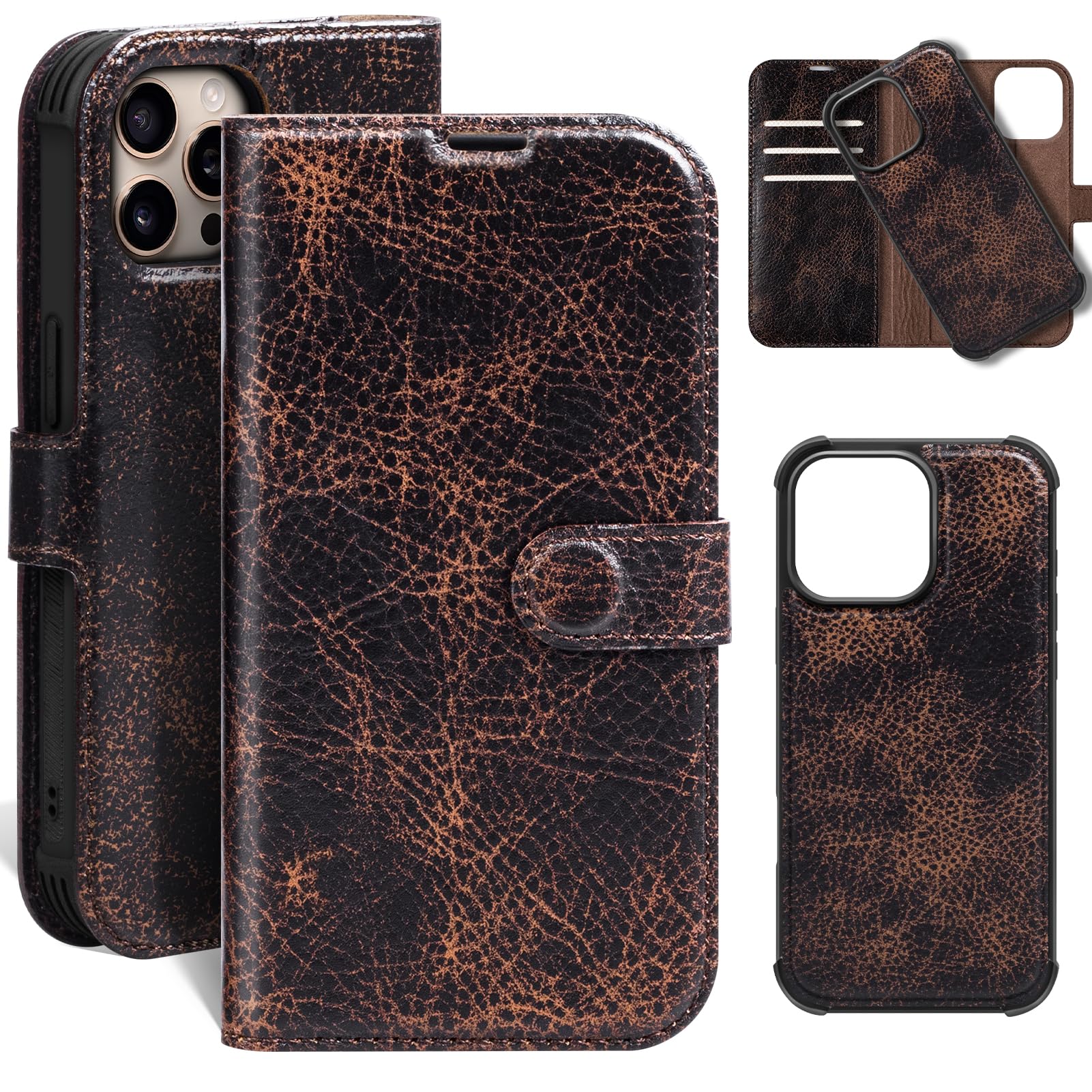 RMAWRAD Leather Case Compatible with iPhone 14 Pro Wallet 6.1",Genuine Leather 2-in-1 Magnetic Detachable Shockproof,Flip Folio Cover with Card Slot, RFID Blocking Brown Coffee