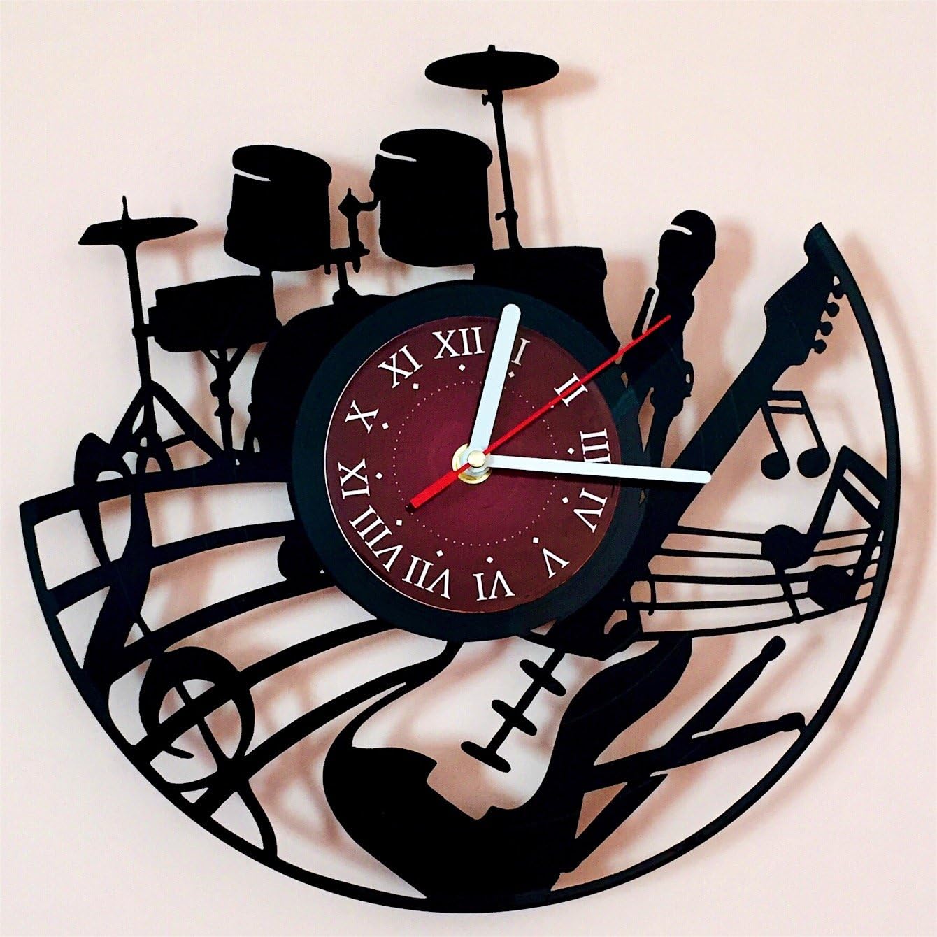 Guitar Drums Vinyl Record Design Wall Clock - Rock Band Music Art - Best Gift for him and her - Man, Woman, Boyfriend and Girlfriend