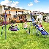 Lunafun Swing Set for Backyard with Kids Slide 440lbs Heavy-Duty Metal A-Frame 1 Saucer Swing Seat 1 Swings Seat &amp; 1 Slide