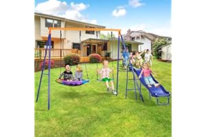 Lunafun Swing Set for Backyard with Kids Slide 440lbs Swing Set with Heavy-Duty Metal A-Frame Outdoor Swing Set with 1 Saucer Swing Seat 1 Swings Seat & 1 Slide