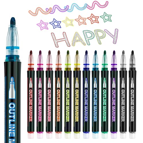 Casleovf Stocking Fillers Kids :12 Metallic Outline Markers Pens, Secret Santa Gifts for Kids Teenagers, Christmas Gifts for Girls Boys on Birthday, Halloween, Easter, Christmas