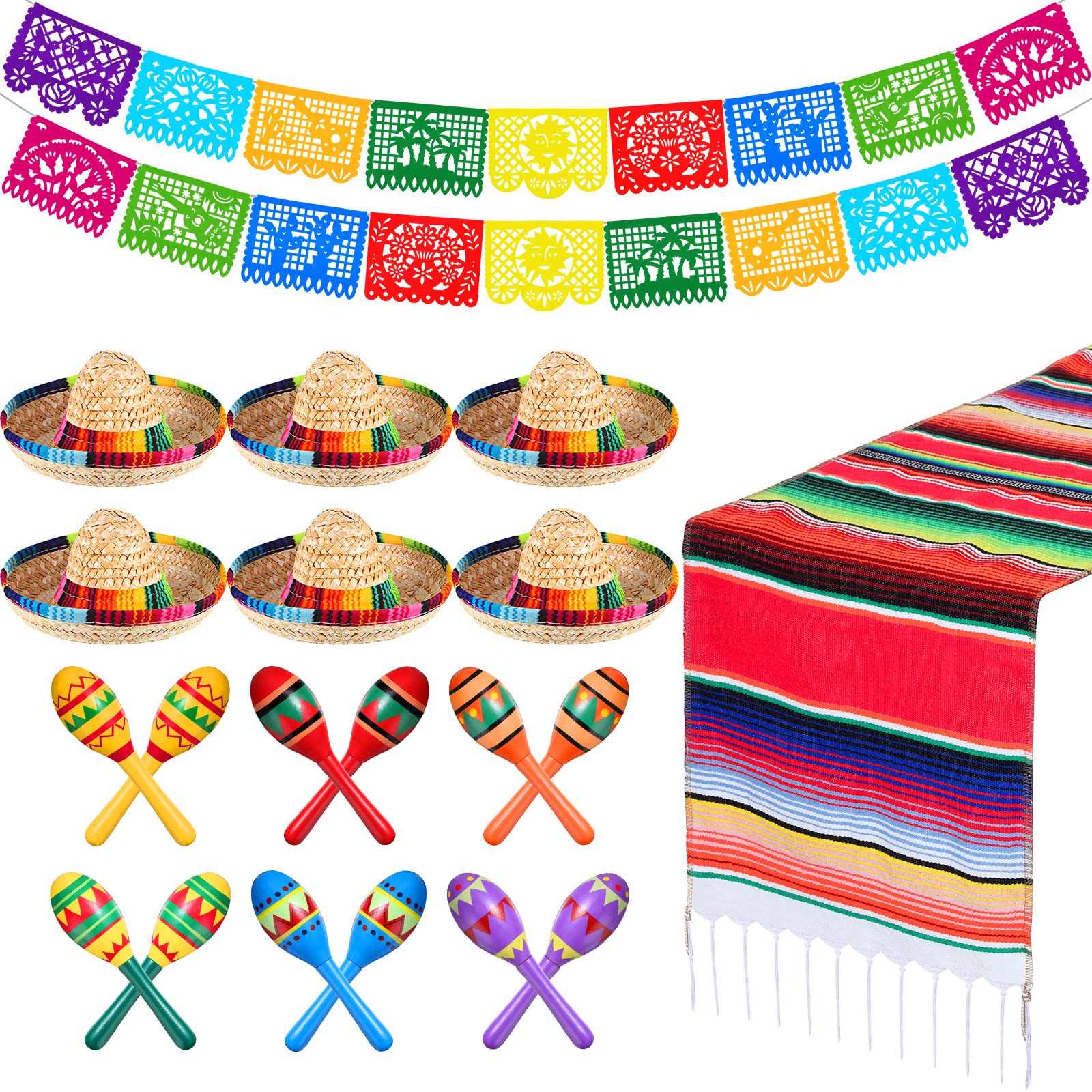 Hungdao 36-Pc Mexican Party Decorations Kit - Pinatas, Maracas, Sombreros, Runners & Banners For Fiesta