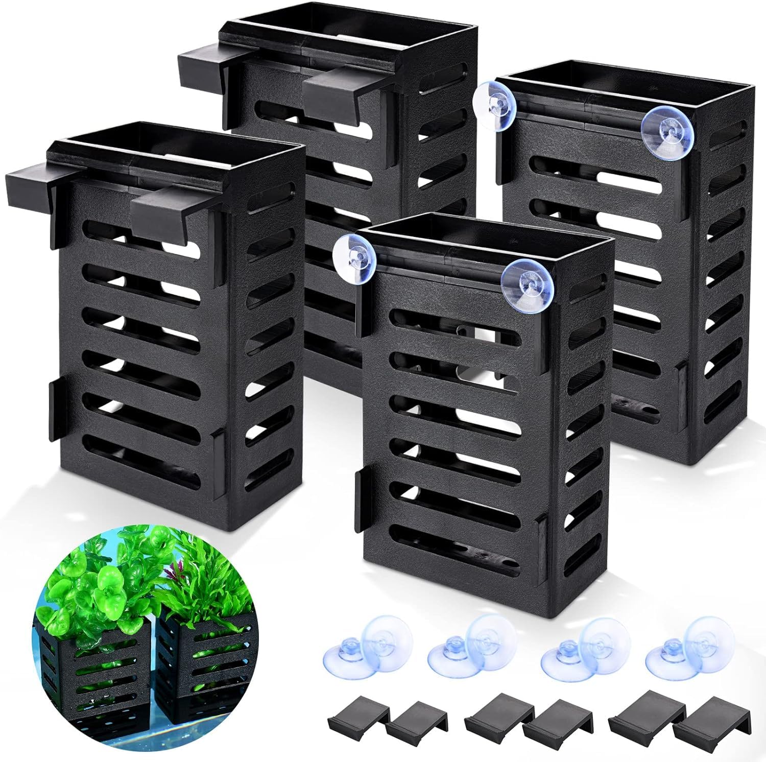 4 Pcs Aquarium Plant Holders, Aquarium Plant Pots with Hooks and Suction Cups, Hanging Aquarium Planter Cups for Fish Tank, Aquarium, Aquascape Decoration (Black)