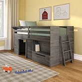 Max &amp; Lily Loft Bed Twin Size, Solid Wood Low Loft Bed with Storage Drawer and Ladder, Modern Farmhouse Loft Bed for Kids, Driftwood