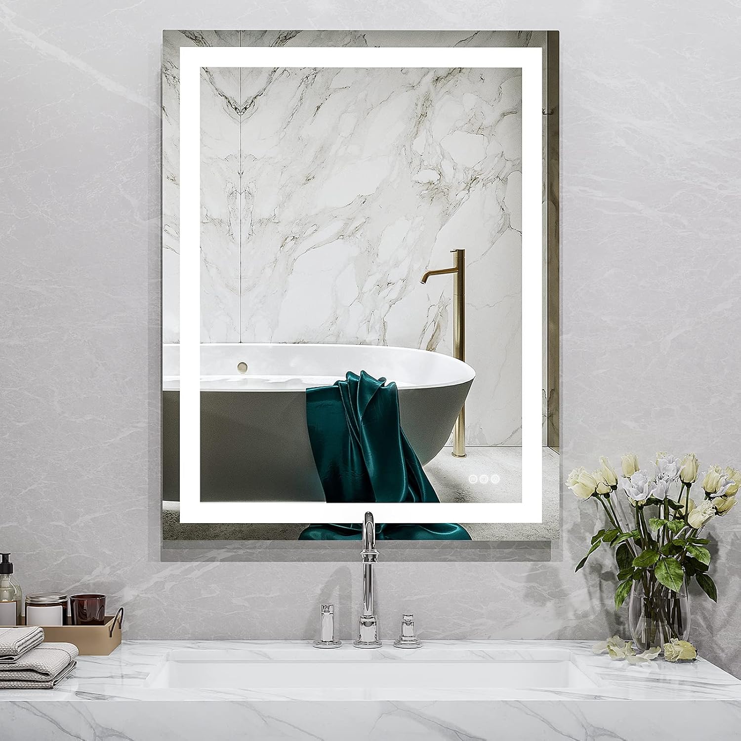 Mirrors - ANTEN 32 x 24 LED Mirror for Bathroom, LED Vanity Mirror, Adjustable 3 Color, Dimmable Vanity Mirror with Lights, Anti-Fog, Touch Control Wall Mounted Bathroom Mirror, Horizontal & Vertical