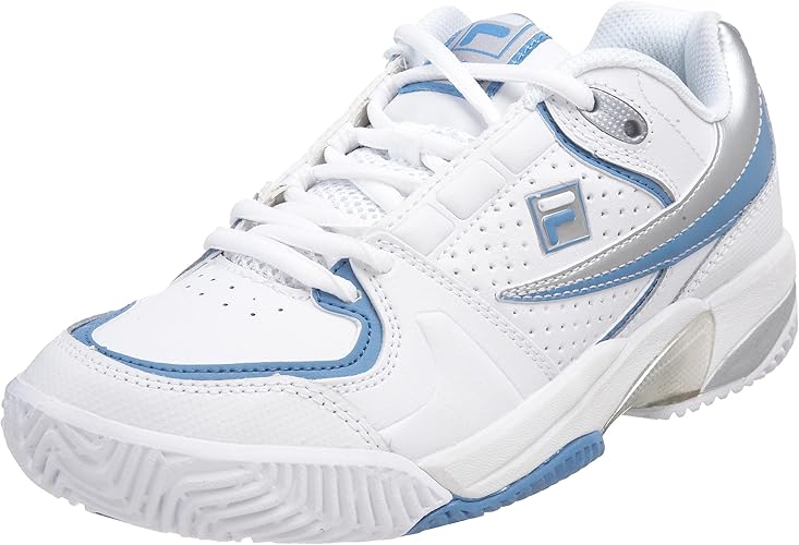 Fila Women's Novaro Tennis Shoe, Blanco/ azul/ plateado metálico (White