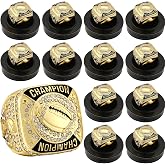 Landical 12 Pcs Football Championship Rings with Display Stand | Football Trophy Award for Tournament Winner, Sports Team Gift Prize, Rhinestone Design, with Neck Chain and Black Base