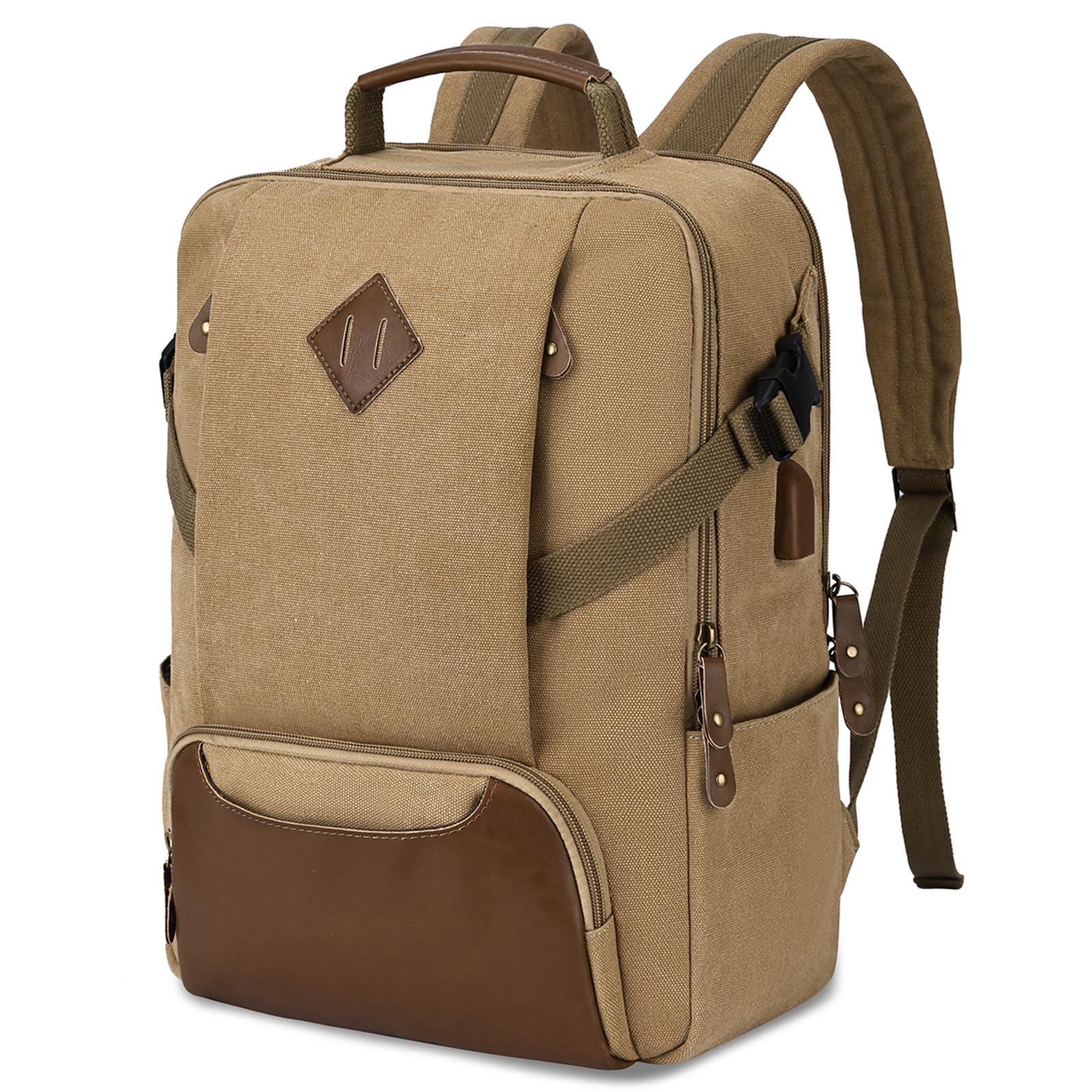 Kasgo Laptop Backpack, Water-Resistant 15.6 inch Anti-Theft Vintage Canvas Rucksack Bag for Men Women with USB Charging Port School Backpack Casual Daypack for Teens College, Work Khaki