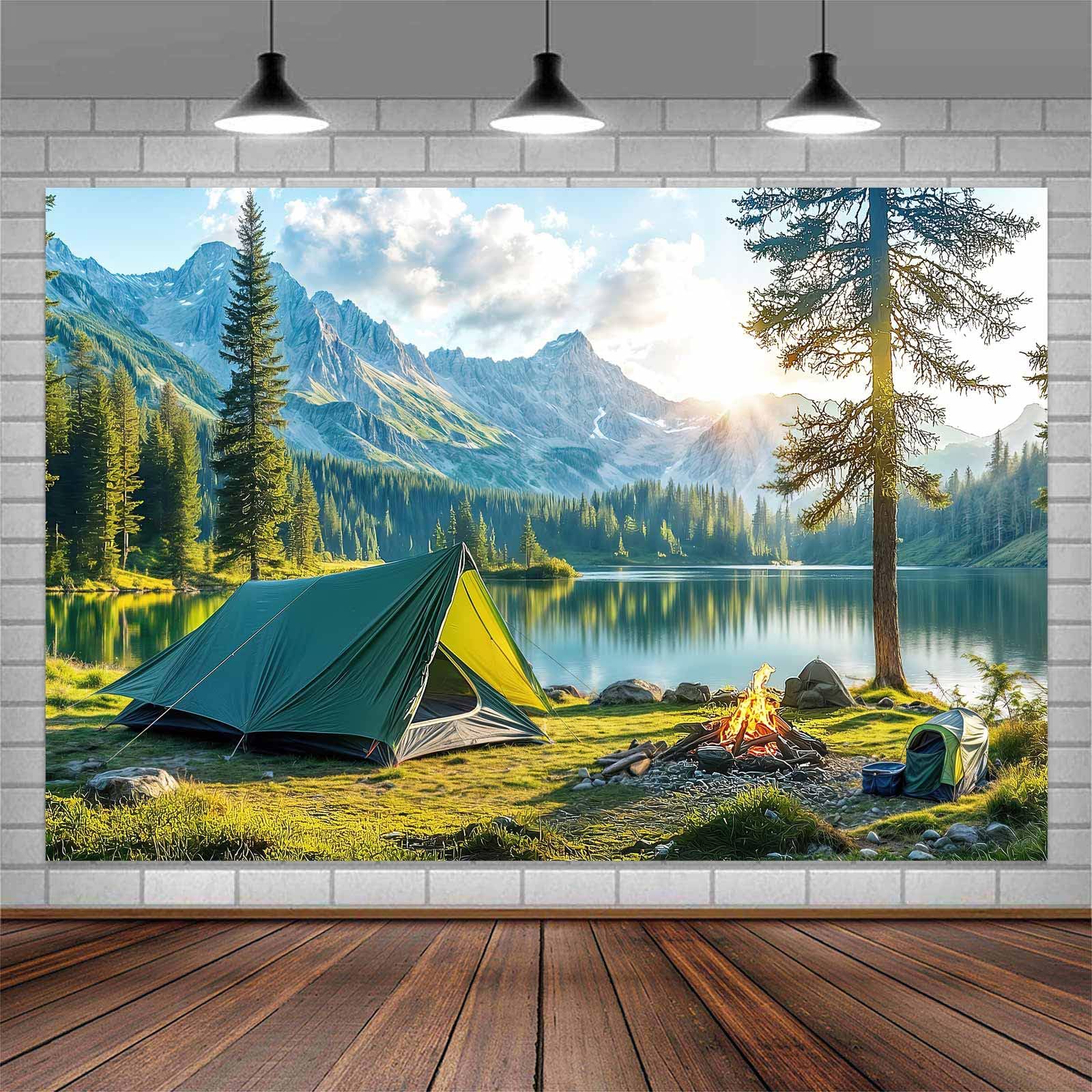 Photo 1 of 10X8FT Camping Backdrop, Outdoor Adventure Travel Holiday Vacation Photo Shoot Props, Pine Tree Sunrise Grassland Camp Tents Scout Mountains Scenery Photography Background
