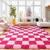Checkered 8x10 Area Rugs for Living Room, Ultra Soft Fluffy Large Shaggy Rug Carpet for Bedroom, Non-Slip Fuzzy Plush Rugs for Nursery Boys Girls Kids Room Modern Indoor Home Decor, Pink and Hot Pink