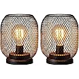 DECORKEY Set of 2 Battery Operated Lamp LED Table Lantern, Brown Metal Cage Cordless Lamps with LED Bulb，Vintage Decorative Outdoor Lantern for Weddings, Parties, Patio, Events for Indoors Shelf Decor