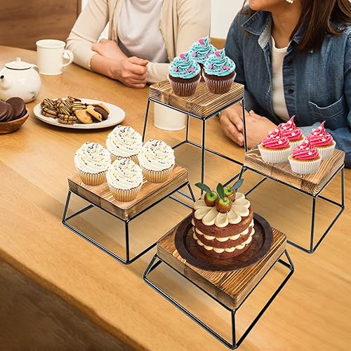 MyGift 4-Piece Square Dessert Risers - Burnt Brown Wood & Black Metal Wire, Cupcake & Food Serving Stands, 6 Inch