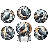 Onebttl Crow Gifts Coaster, Ceramic, Set of 6, with Gift Box, Absorbent with Cork Base, Gifts for Crow Lovers, Home Decor for Housewarming, Thanksgiving, Birthday, Christmas