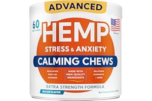 GOODGROWLIES Advanced Calming Chews for Dogs - Hemp Treat + Melatonin + Valerian - Relaxing Bites - Calming Care - Anti-Anxiety & Stress Relief - Made in USA - Calm, Sleep Aid, Storms - 60Ct