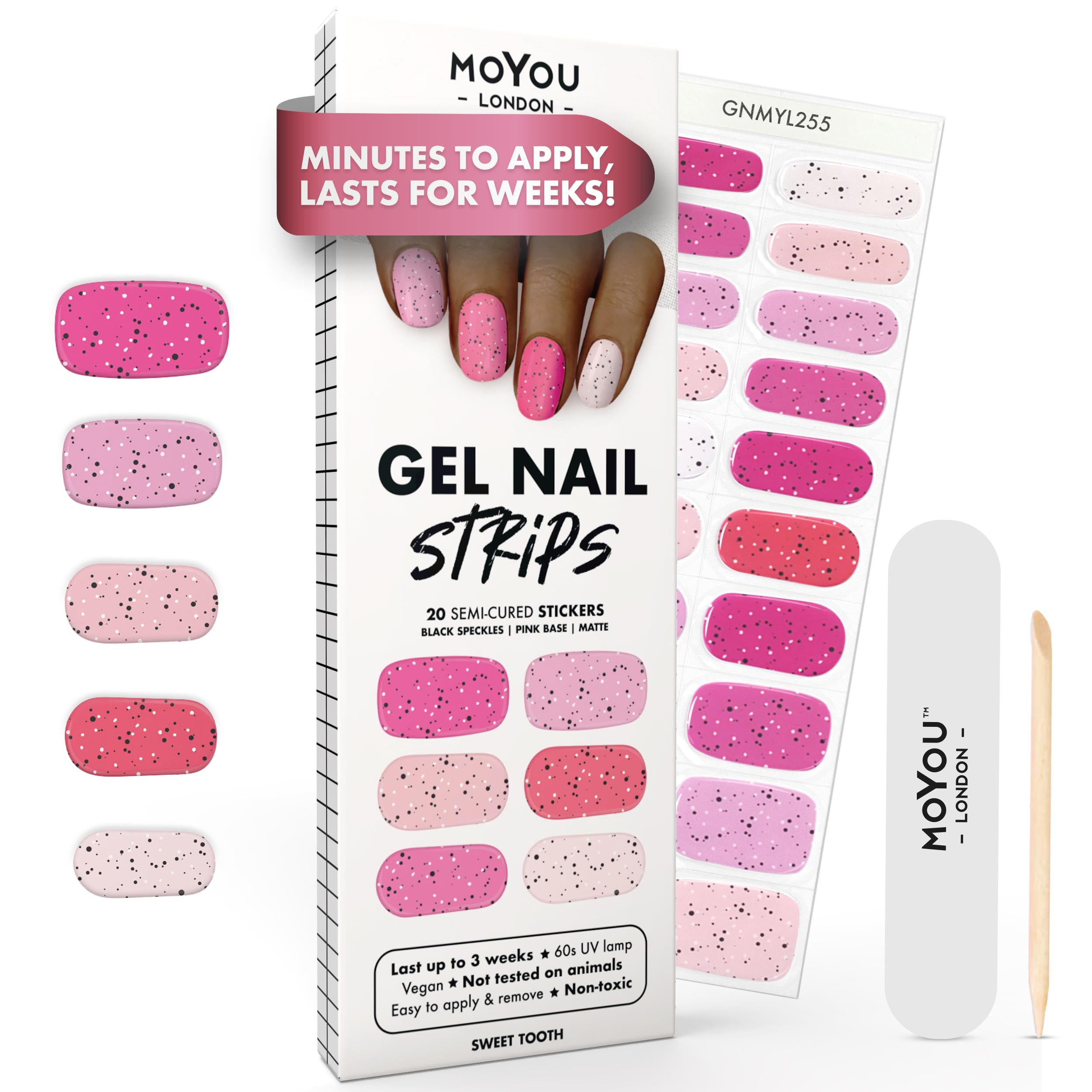 MOYOU LONDON Semi Cured Gel Nail Strips - 20 Pcs. Waterproof Gel Nail Wraps, Cures in Sunlight or UV/LED Lamp, Lasts Up to 2+ Weeks, Stretchable, Easy to Apply & Remove, Vegan & Cruelty-Free