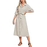 Women's Half Sleeve Plaid Maxi Dress 2026 Spring Summer Gingham Casual Button Down Long Loose Belted Dress