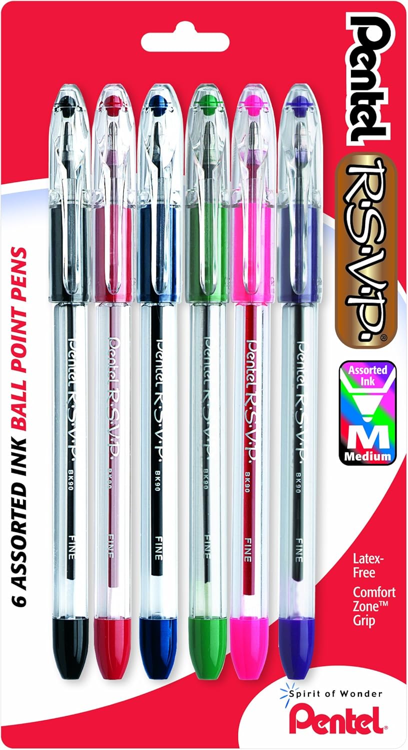 Pentel R.S.V.P. Ballpoint Pen, Medium Line, Assorted Ink, 6 Pack