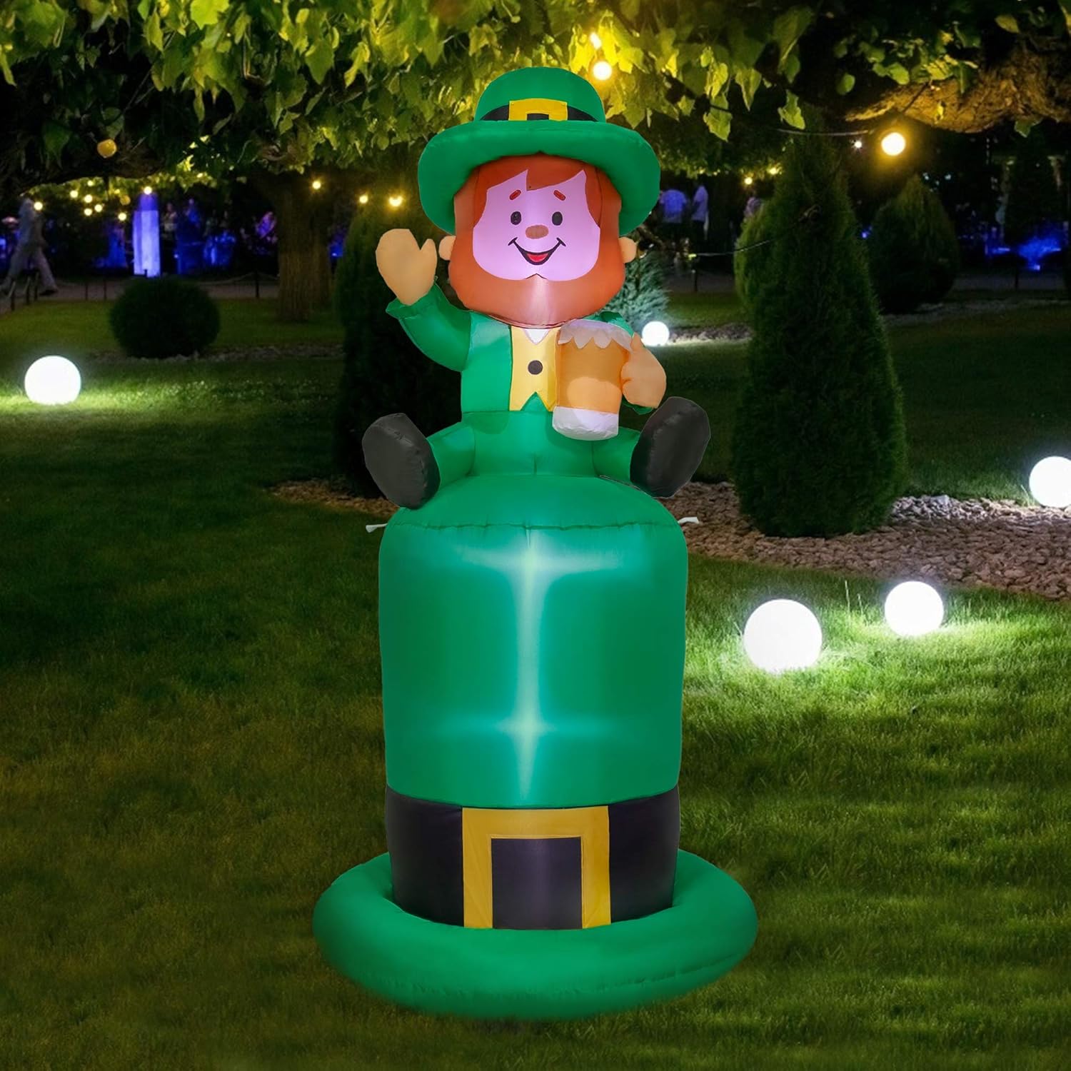 HOOJO 6 FT St Patricks Day Inflatable Leprechaun Holding Cup on Green