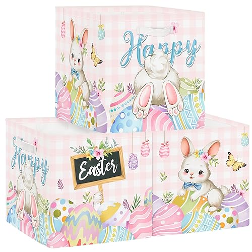 Clastyle 3 pcs Easter Kids Cube Storage Unit Boxes Rabbit Egg Storage Baskets for Shelves Boys Girls Nursery Hamper Basket Book Clothes Toy Box Organizer,Pink,11.8x11.8x11.8 in