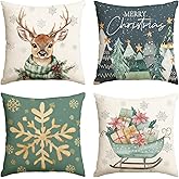 AVOIN colorlife Merry Christmas Trees Reindeer Snowflake Throw Pillow Covers, 18 x 18 Inch Sleigh Xmas Winter Holiday Cushion Case Decoration for Sofa Couch Set of 4